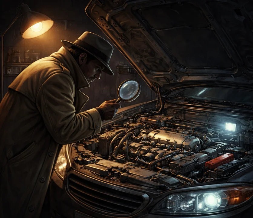 A detective in a fedora with a magnifying glass, inspecting under the hood of a car in a dim garage.