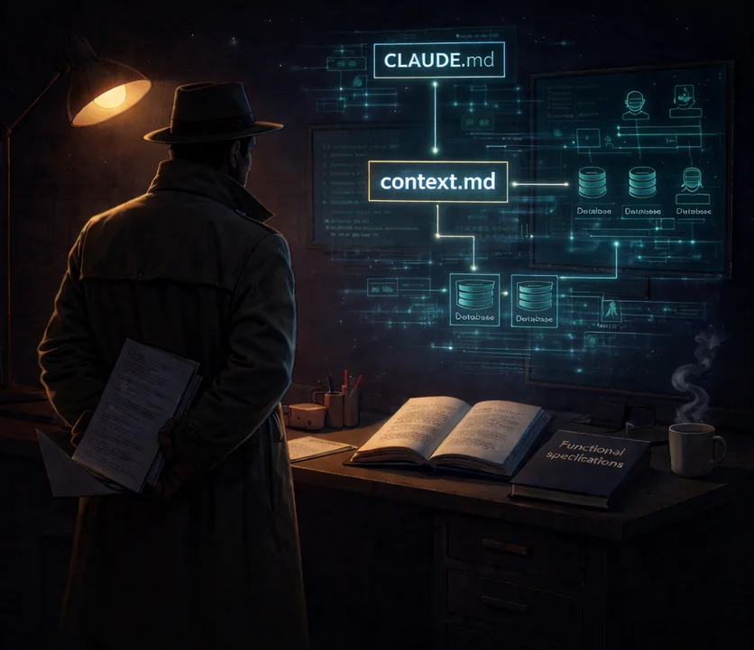 A detective studying an illuminated diagram of CLAUDE.md and context.md, with a book of functional specifications open on the desk.