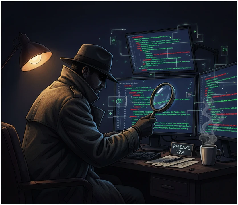 QA Orchestra detective investigating code diffs on multiple monitors